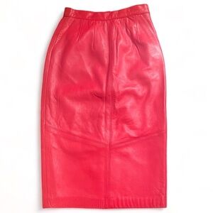Vintage High Waisted Midi Red Soft Leather Women’s Pencil Skirt. Pockets lined.